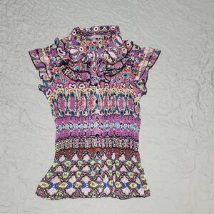MY COLLECTION Women's Colorful Patterned Ruffle Top Size L.